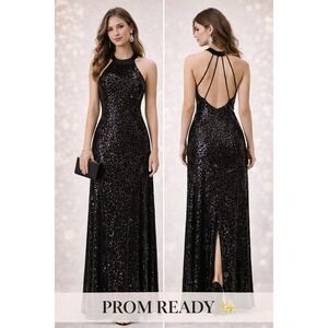 B. Darlin Black Sparkly Sequin Prom Dress Halter Open Back Slit Formal Gown 9/10